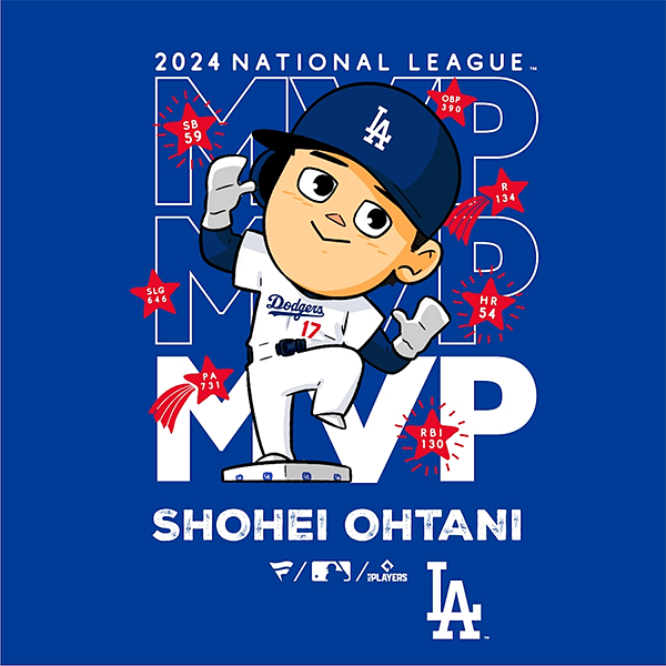 ドジャース 大谷翔平 ナショナルリーグ MVP 2024 獲得記念 イラスト Tシャツ ブルー