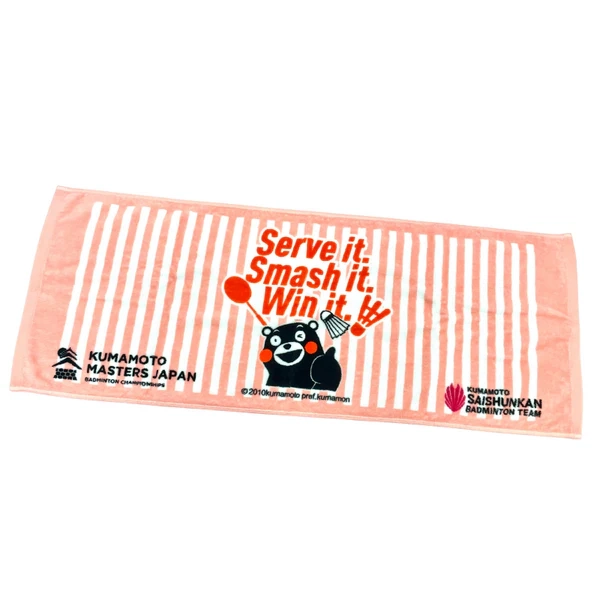 くまもと再春館製薬所バドミントンチーム公式 熊本マスターズジャパン ストライプフェイスタオル くまモンver.