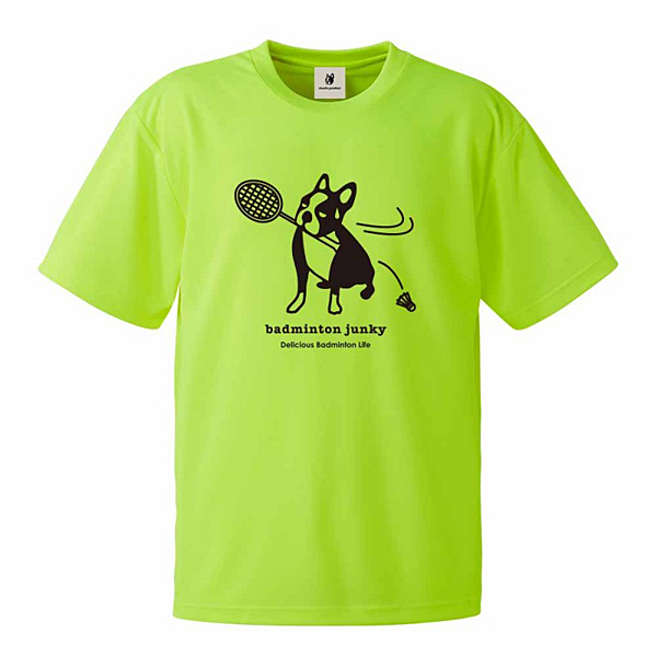badminton junky チャレンジバド犬+1 Tシャツ 蛍光イエロー